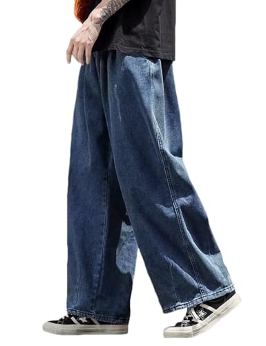 Nutriangee Men's Loose Wide Leg Jeans Straight Baggy Hip hop Streetwear Skateboard Denim Pants Blue 007 30