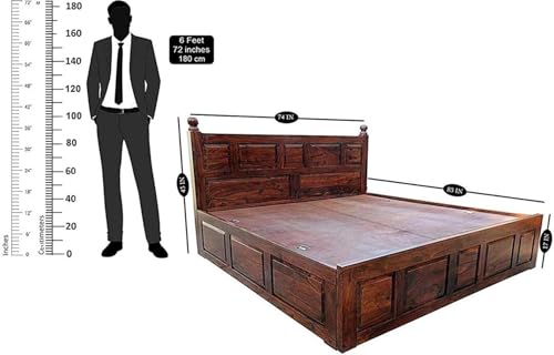 Image of Sheesham Wood King Size Bed with Storage Box | Wooden Box Bed King Size Double Cot Bed with Storage for Bedroom | Premium Lattu Design Headboard Bed for Hotel, Home | Dark Red Mogin