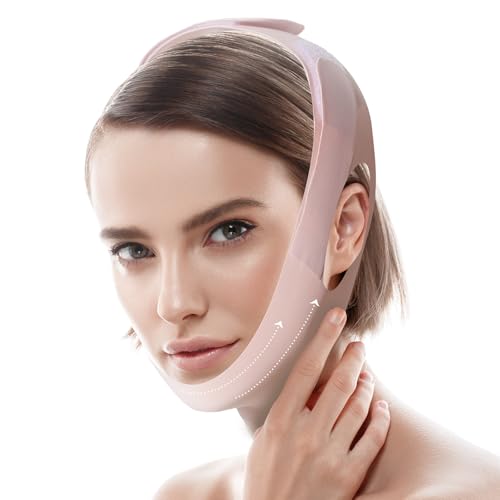 Jawline Shaper Chin Strap for Sleeping, Reusable V-Line Mask for Women Face Lifting Made w/Electric-Hot-Press Tech for Skin-Friendly & Breathable Cooling Fabric (Pink, M)
