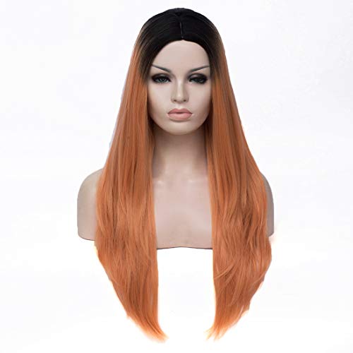 LEJIMEI 26'' Long Brown Hair Wigs for Women Ombre Straight Fashion Cute Wig Heat Resistant Synthetic Full Wigs for Daily Party LJ003