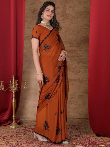 Image of Satrani Women's Shimmer Georgette Sequins Embroidery Saree with Unstitched Blouse Piece