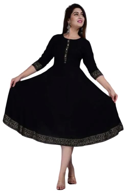 Raj Fashion Women's 3/4th Sleeves Round Neck Rayon Solid Calf Length Flared Anarkali Ethnic Gown Black-picture-35