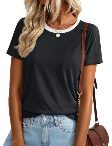 YUCOLEN T Shirts for Women Short Sleeve Summer Cotton Tee Black Block M