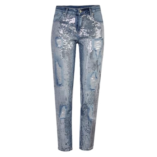 Women's High Waisted Jeans Baggy Metallic Glitter Straight Leg Ripped Denim Pants