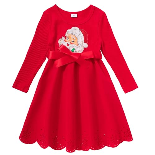 Girls Long Sleeve Christmas Dress Fall Formal Party Holiday Ruffle Ribbed Knit Dresses with Belt 3-7 Y