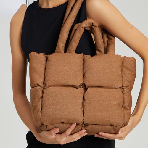 Puffer Denim Tote Bag, Trendy Luxury Chic Quilted Large Padded Designer Handbags for Women Winter Soft Shoulder Bag3