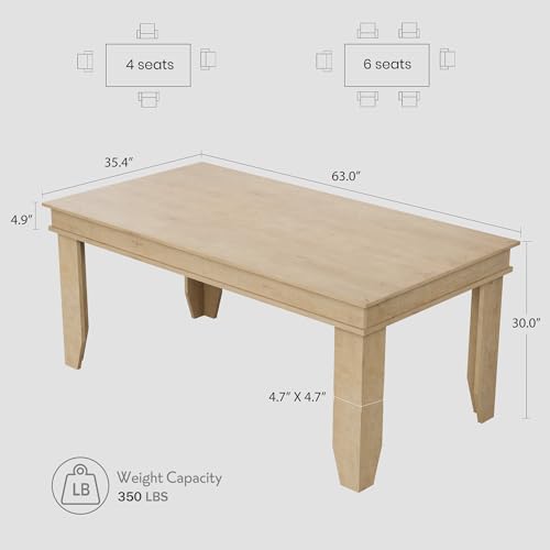 Image of GarveeHome Farmhouse Dining Table for 4-6 People, 63 in Long Kitchen Tables with Wooden Sturdy Frame, 5 ft Large Rectangular Dinner Table for Dining Room, Kitchen, Natural, 63 inch Non-extendable