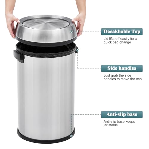 Image of Garvee 17 gal Trash Can, Fingerprint-Proof Stainless Steel Swing Top Garbage Can, Heavy Duty Commercial Round Trash Bin with Swing Lid for Restaurant, Home, Office, Silver