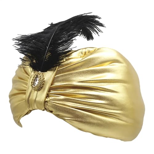 Sombrero turbante – Rey Sultán indio dorado con pluma | Sombrero vintage de sultán Aladdin, accesorio de disfraz árabe novedoso para adultos, adolescentes, hombres y mujeres, Halloween, Pascua