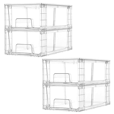 Vtopmart 4 Pack Stackable Storage Drawers,Clear Acrylic Drawer Organizers with Handles, Easily Assemble for Fridge, Bathroom,Kitchen Undersink,Cabinet,Pantry Organization and Storage