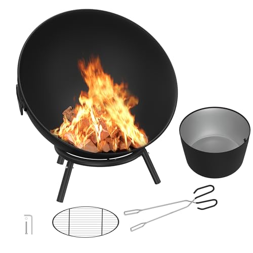 Brasero de 62 cm pour le jardin avec grille et pince à charbon en métal pour barbecue, feu de jardin, barbecue, camping