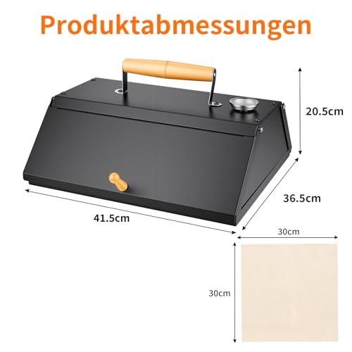 Pizzaofen, Stahl Pizzaaufsatz mit Pizzastein, BBQ-Pizzaofen mit Temperaturanzeige für Holzkohlegrills und Gasgrills, Perfekte Steinofen-Pizza wie beim Italiener, ca. 40.3 x 36 cm x 22 cm