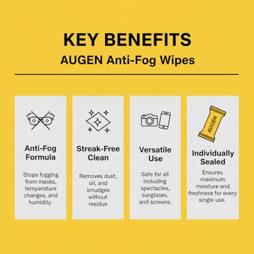 Image of AUGEN Anti-Fog Cleaning Wipes for Glasses, Goggles, Helmet Visors, Camera Lens & Screens | Streak-Free, Quick-Dry, Individually Wrapped Lens Wipes (Pack of 150)