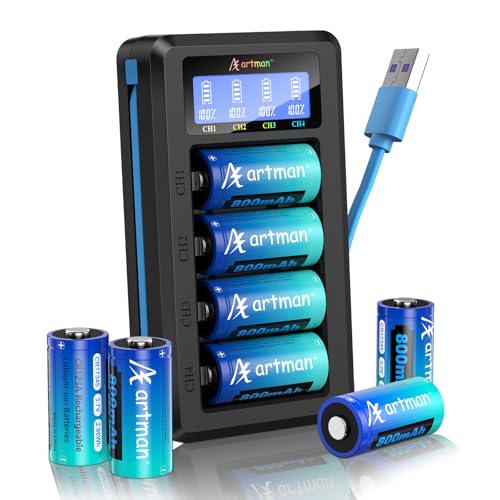 Artman CR123A Rechargeable Batteries 800mAh, 8 Pack 3.7V CR123A Lithium Batteries with Charger, CR17345 Battery Compatible with Arlo Cameras VMC3030 VMK3200 VMS3330 3430 3530, Flashlight Microphone