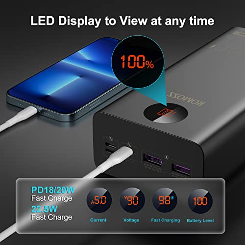 Romoss 40000Mah Power Bank, 22.5W & Pd20W Usb C Fast Charging Portable Charger With 3 Outputs And 3 Inputs External Battery Pack Compatible With Iphone 13/12, Ipad, Macbook Pro, Surface, Samsung Etc #TOP3