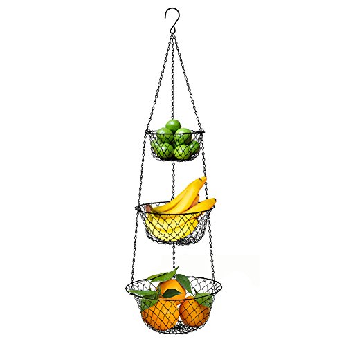 3-Tier Wire Fruit Hanging Basket,Kitchen Vegetable Storage Basket,Iron Wire(Black)