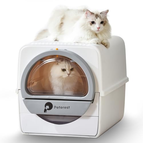 Peterest Semi Auto Large Self Cleaning Cat Litter Box,for Micro Crystal cat Litter,No Smell,Pull and Scoop,Easy to Clean,High-Capacity Self Cleaning White Litter Box, Semi Auto with Lid