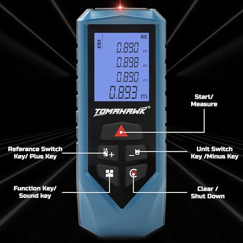 Image of TOMAHAWK TFR 0800 Laser Distance Meter Measurer 262Ft /80M with Area, Volume and Pythagoras Measurement - Water and Dust Resistant Laser Measuring Device (80m Laser Meter)