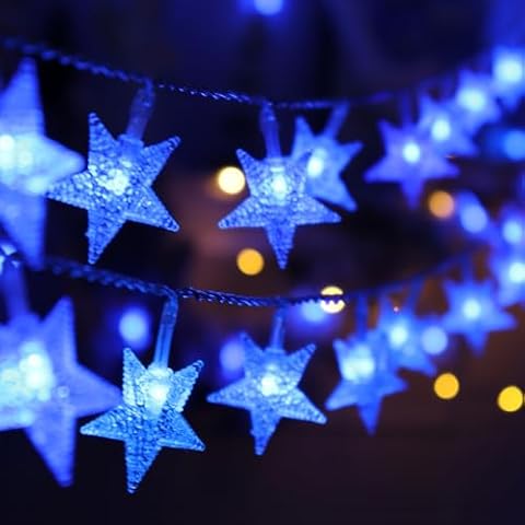 CESOF Blue Christmas Star String Lights Decorations, 20 FT 40 LED Battery Operated Twinkle Lights Cute Hanging Star Fairy Light for Bedroom Room Car Party Home Indoor Outdoor Xmas Tree Decor Cover
