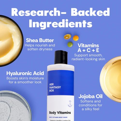 Image of Her Fantasy Box | Body Vitamins Moisturizing Body Wash - Multi-Vitamin Cleanser with Vitamins A, B6, C & E, Hydrating & pH Balanced, Vegan & Cruelty Free, 16 oz