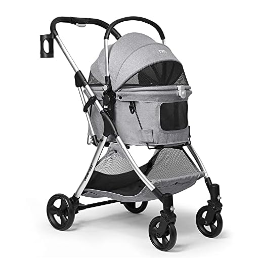 Carritos para perros, Cochecito para perros, carrito para gatos con cesta de almacenamiento para mascotas, cochecito plegable, impermeable, Tela Catiónica para viajes y paseos, Peso de carga: 15 kg