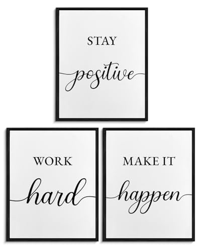 WEZADUK Decoración motivacional de pared, impresiones duras de trabajo positivo para decoración de sala de entrenamiento, arte inspirador para oficina en casa, juego de 3 unidades sin marco de 20.3 x