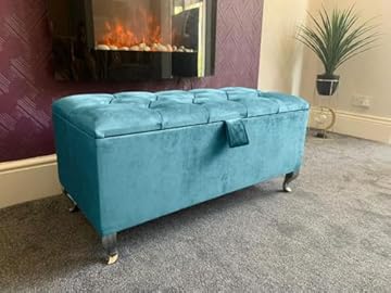 SK LUXURY LIVING Ottoman Storage Box - Engineered Wood Fabric Buttons Luxurious Plush Velvet Ottoman Storage Bench, Perfectly Designed Ottoman for Bedroom Storage (Teal Plush, Legs)
