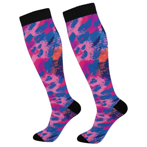 MFTJYO Purple Red Leopard Pattern Compression Socks for Women Men Circulation Long Knee High Socks for Athletic Sports Running
