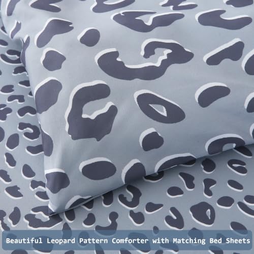 Image of lasoftan Leopard Queen Comforter Set with Sheets, 7 piece Luxury Vintage Bedding, Soft Microfiber Bed in a Bag, Cozy Lightweight Bed Set, Grey Cheetah Print