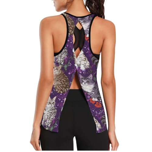 voucong Camiseta sin mangas para mujer, tela de malla atlética, suelta y ajustada, para ejercicio, para correr, muscular, yoga, camisetas estéticas, Estética de gatos americanos morados, S