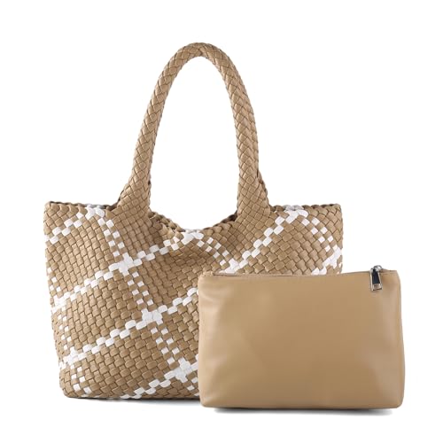 Image of Woven Tote Bag Womens Purse Vegan Leather Shoulder Handbags Fashion Summer Beach Tote Bags Large Travel Totes