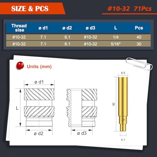 Image of 71Pcs #10-32 Threaded Inserts, Female Thread SAE Knurled Nuts Assortment Kit, Brass Heat Set Insert for 3D Printing Plastic Parts(#10-32, L1 /4xD7.1 and L 5 /16xD7.1)