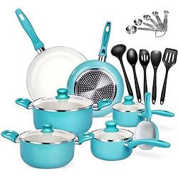 Ollas Y Sartenes Rosas Masthome - Juego de sartenes antiadherentes de aluminio, juego de utensilios de cocina de 16 piezas, utensilios de cocina de inducción con tapa, incluye sartén, sartén, sartén para leche, Azul