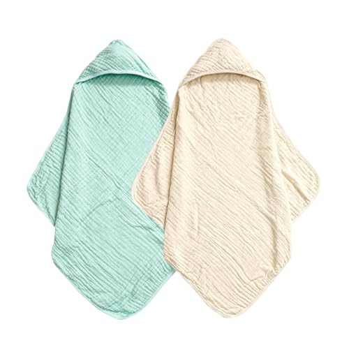 Image of david's kids 2 Pack Hooded Baby Towels, 100% Muslin Cotton 6-Layer Ultra Soft Breathable Absorbent Baby Bath Towels for Infant and Toddler, Newborn Essentials, Large 32x32Inch, Beige & Green