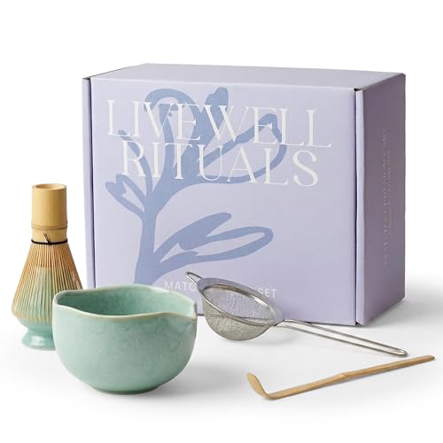 Livewell Rituals Matcha Kit, Ceramic Bowl and Whisk Set, Jade Green, 5 Pc