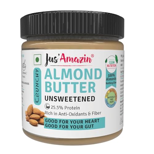 Image of Jus' Amazin Crunchy Almond Butter - Unsweetened (200 g) | 25% Protein | Only Pure Whole Almonds | Zero Additives / Chemicals | Plant Based, Dairy Free, Keto | Clean Nutrition, 0% Chemicals