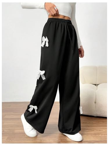 OYOANGLE Girl's Bow Sweatpants Elastic Drawstring Waist Wide Leg Workout Athletic Pants with Pocket4