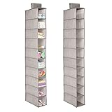 mDesign Soft Fabric Closet Organizer - Holds Shoes, Handbags, Clutches, Accessories - 10 Shelf Over Rod Hanging Storage Unit - Textured Print - 2 Pack - Linen/Tan