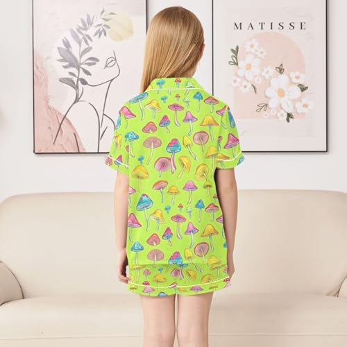 Blue Pink Yellow Mushrooms Pajamas Sets Short Sleeve Silk Stain Pjs Button Down Sleepwear for 5-14Y4