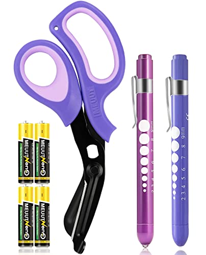 MEUUT 3 Pack Penlight y Médicos Tijeras Uno 8 Pulgadas Patentado Trauma Tijeras Dos LED Pen Luz con Cuatro Baterías Vendaje Tijeras para Enfermera, Primeros Auxilios, EMT, Doctor