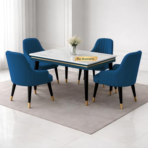 Image of Elara Modern Dining Table Set 4-Seater Wooden Dining Table Set | 1 Year Warranty | Nano Composite Marble Marble Top Table with 4 Chairs (Blue)