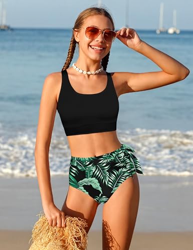 Girl Swimsuit Bikini Set Tropical Print Bathing Suit Two Piece Girls' Swimwear with Tie Side Knot 7-14T2