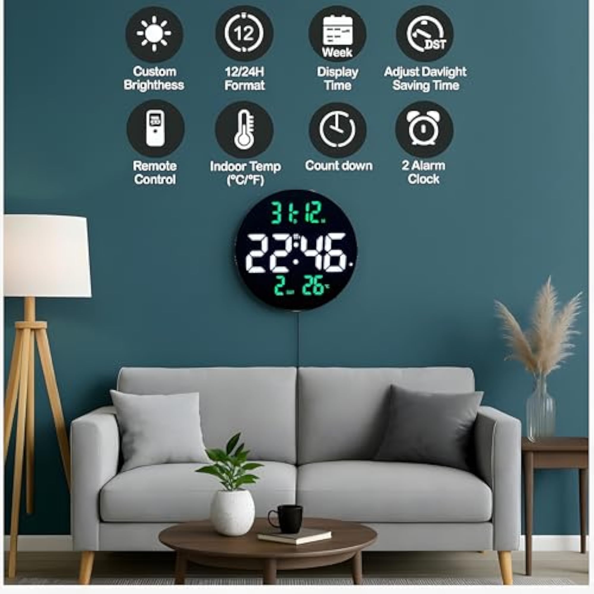 Smart Digital LED Wall Clock with Dual Alarms