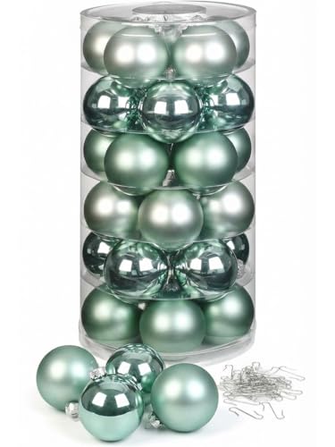 Inge Glas Weihnachtskugeln mit Haken | Schöne Christbaumkugeln aus Glas | Set 30 Kugeln und 40 Aufhänger | Christbaumschmuck Weihnachtsbaumkugeln (Winter Jade | Mint)