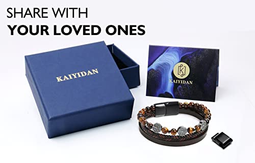 Mens Genuine Leather Bracelet,Handmade Bracelet ,Multi-Layer Braided Leather Bracelet With Tiger Eye Lava Rock Beaded Stone For Men With Magnetic Clasp, Adjustable Bracelet Mens Gifts For Boy Dad Son Grandson #TOP7