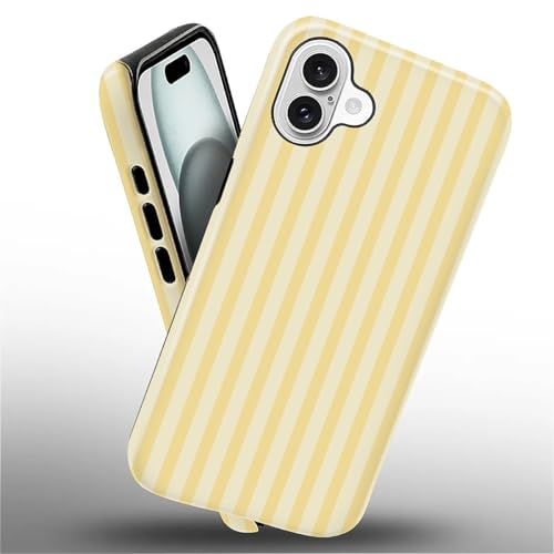 Wqwaxxc Compatible with iPhone 16 Case,Glossy 2-in-1 Sleek All-Inclusive Dual-Layer Material Soft TPU + PC Back for Yellow Stripes Vertical Lines