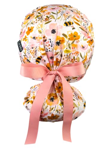 Image of Scrub Cap for Women and Men, Ponytail Scrub Caps, Working Hat, Head Cover with Ribbon Ties and Buttons, Long Hair