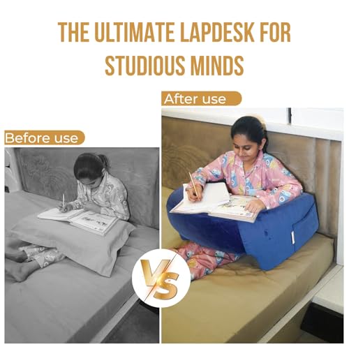Image of Lap Desk Pillow for Bed -1 Year Warranty (23x21x12) | Soft Foam Laptop Table with Flat Top & Storage Pocket | Portable Lap Table for Bed Study, Office Work & Online Classes - Blue