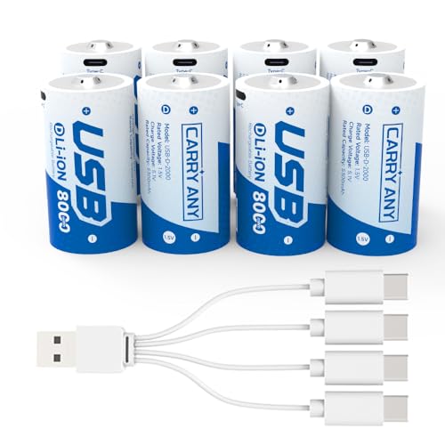 CARRY ANY Rechargeable D Lithium Batteries 8 Pack, 1.5V D/LR20 Cell Batteries with USB-C Charging Cable, 8000mWh High Capacity, 1600+ Cycles Li-ion Battery for High-Drain & Outdoor Devices