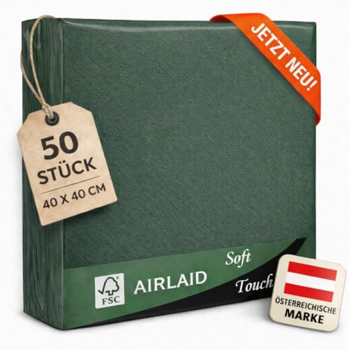 EV® Airlaid Servietten - 50 Stück, Tiefgrün (40 x 40 cm) - Hochwertige Stoffähnliche Servietten - Einfarbig - Stilvolle Tischdeko für Hochzeit, Geburtstage & Feste